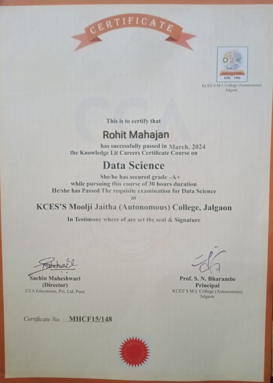 Certification in Data Science nm,